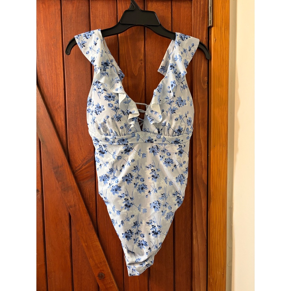 A Pea In The Pod Maternity One Piece Swimsuit Blue Floral Ruffle Lace Up M 70483